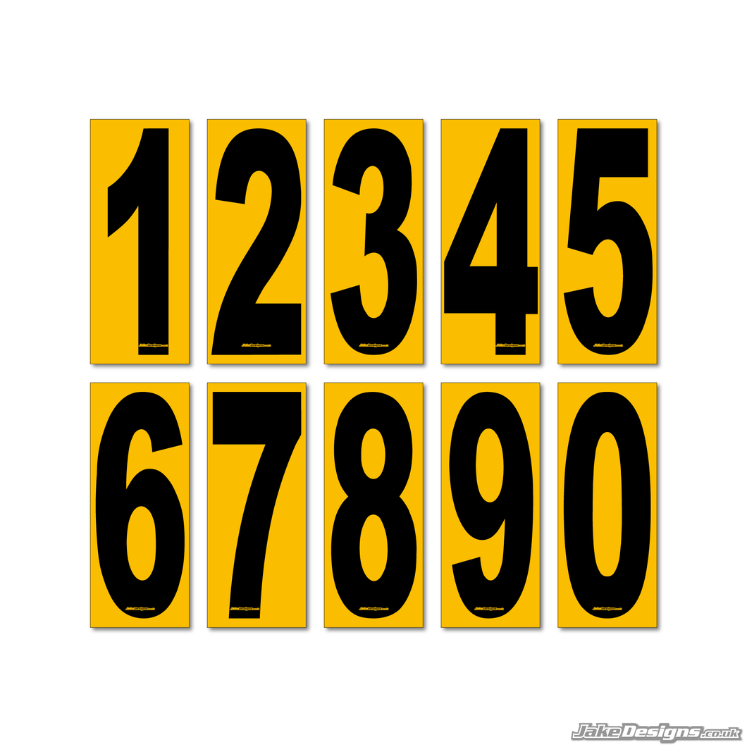 4 X Black Numbers / Letters On A Yellow Background - European / OTK Karting Race Numbers / Letters
