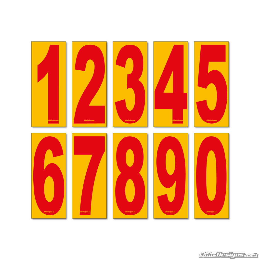 4 X Red Numbers / Letters On A Yellow Background - European / OTK Karting Race Numbers / Letters