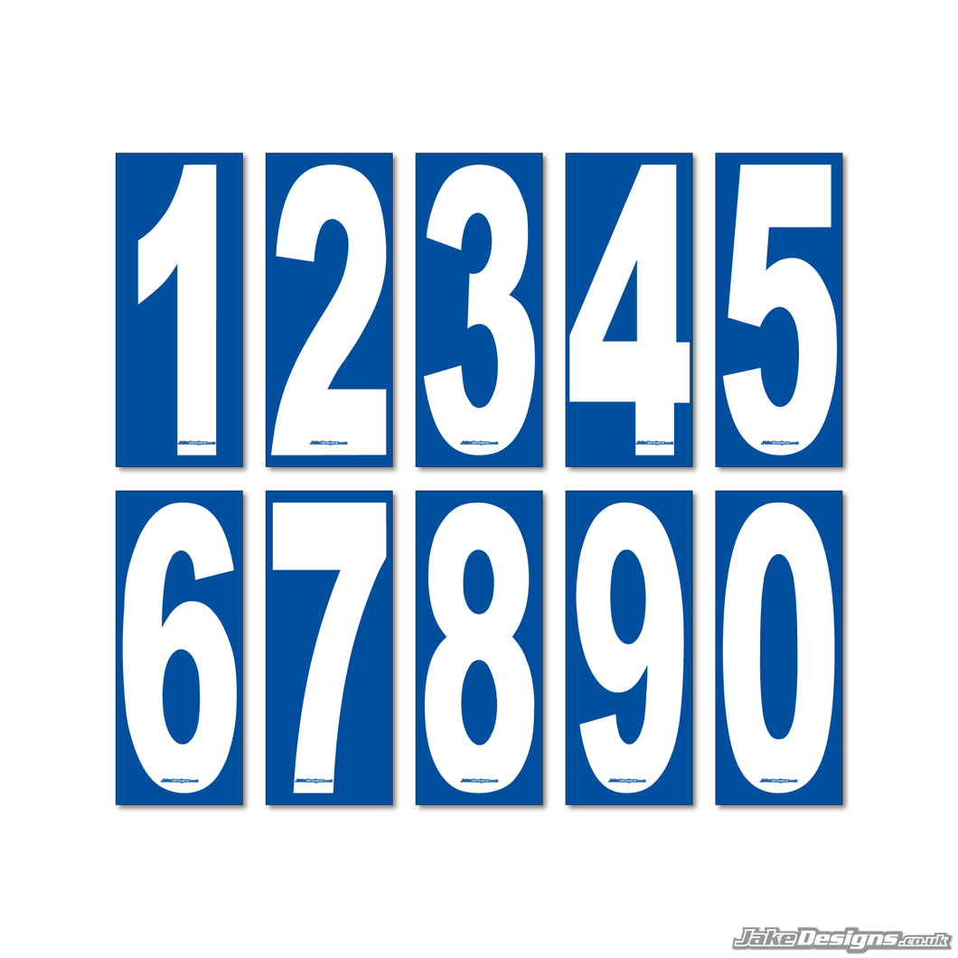 4 X White Numbers / Letters On A Blue Background - European / OTK Karting Race Numbers / Letters