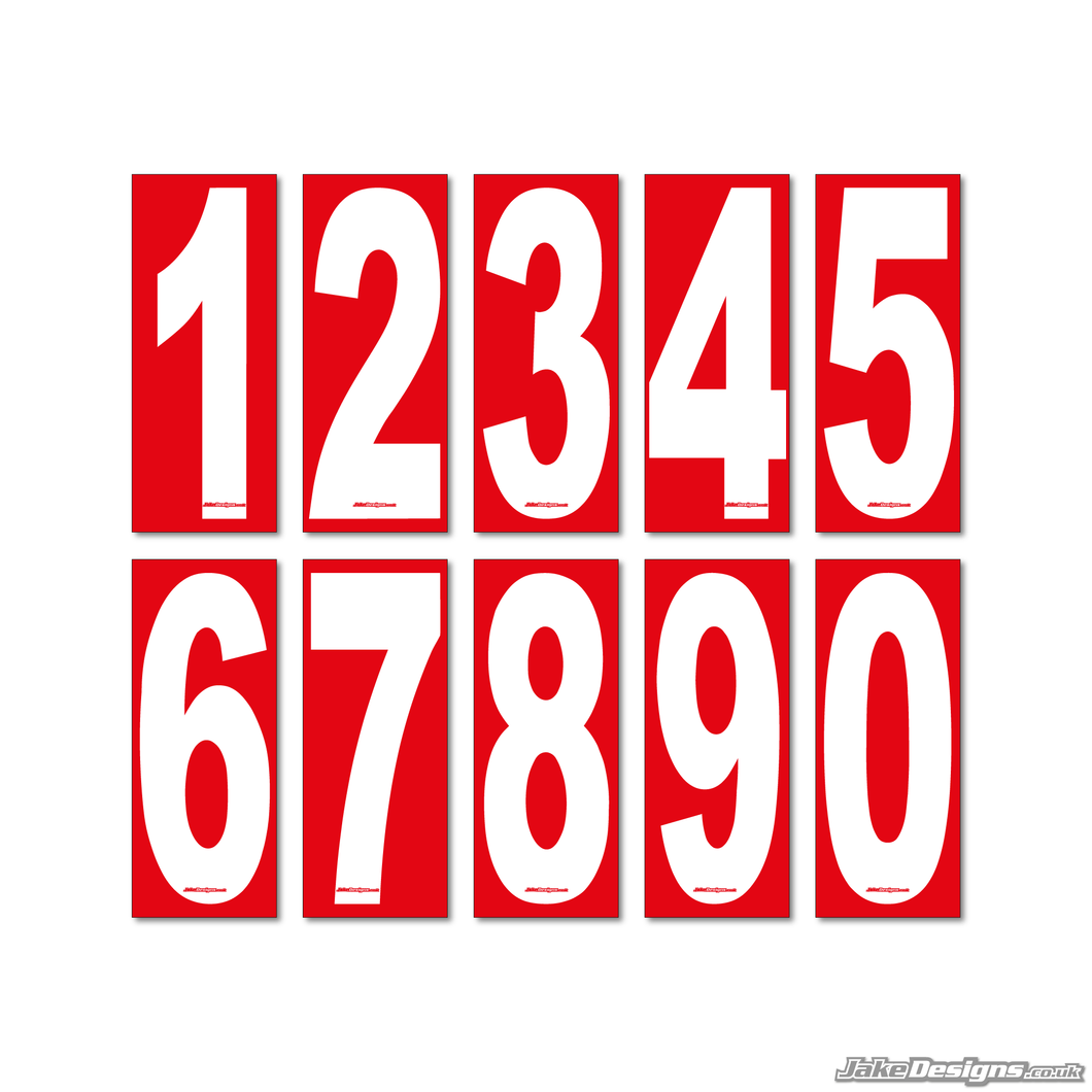 4 X White Numbers / Letters On A Red Background - European / OTK Karting Race Numbers / Letters
