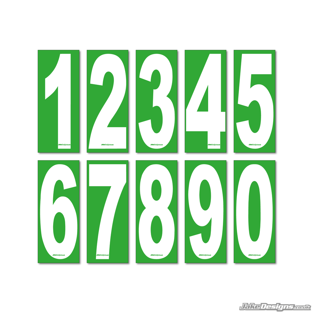 4 X White Numbers / Letters On A Green Background - European / OTK Karting Race Numbers / Letters